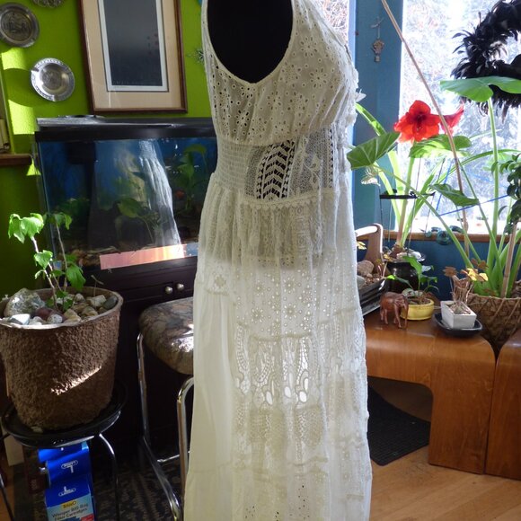 GOTH BOHO PRAIRIE WEDDING WHITE FLORAL EYELET WOVEN TIERED FULL MAXI DRESS XL - Picture 5 of 16